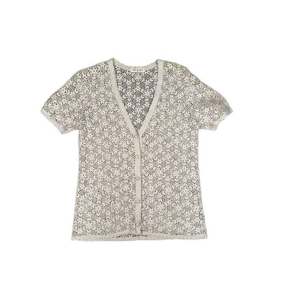 Vintage Hand Crocheted Knit Blouse Sweater Cardigan Button Front V-Neck Cotton S - Picture 1 of 8